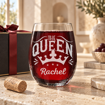 Personalized Stemless Wine Glass - "The Queen" — engraved detail, styled in natural daylight