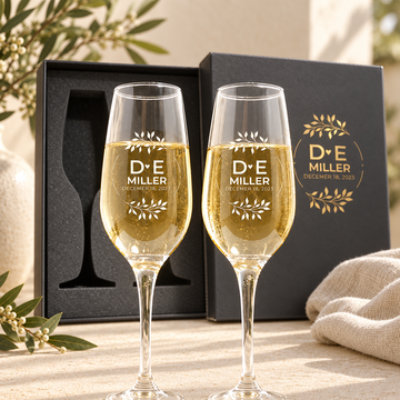 Personalized Champagne Flute Glass Set - "Leaf Circle" — personalized wedding gift, styled in natural daylight
