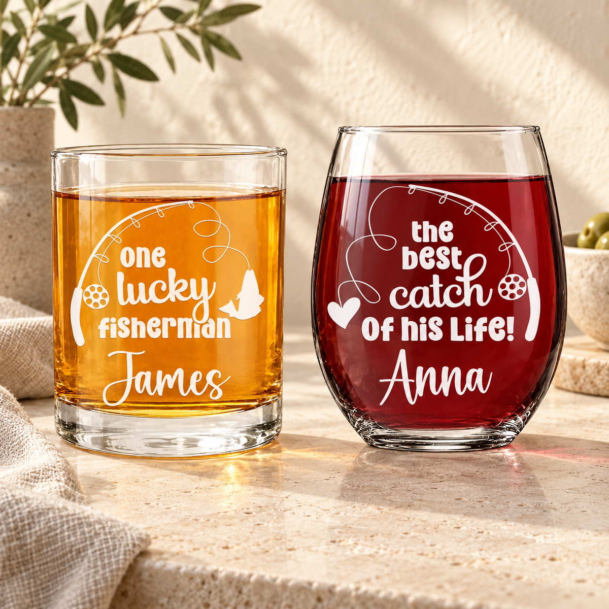 Personalized Whiskey and Wine Glass Set - "Lucky Fisherman and His Best Catch" — engraved detail, styled in natural daylight
