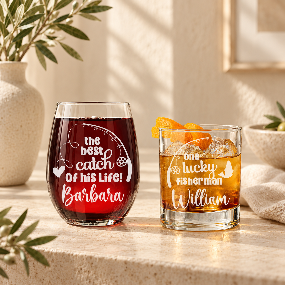 Personalized Whiskey and Wine Glass Set - "Lucky Fisherman and His Best Catch" — engraved detail, styled in natural daylight