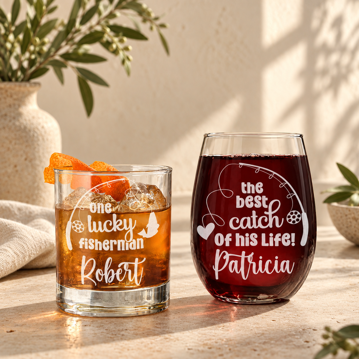 Personalized Whiskey and Wine Glass Set - "Lucky Fisherman and His Best Catch" — engraved detail, styled in natural daylight