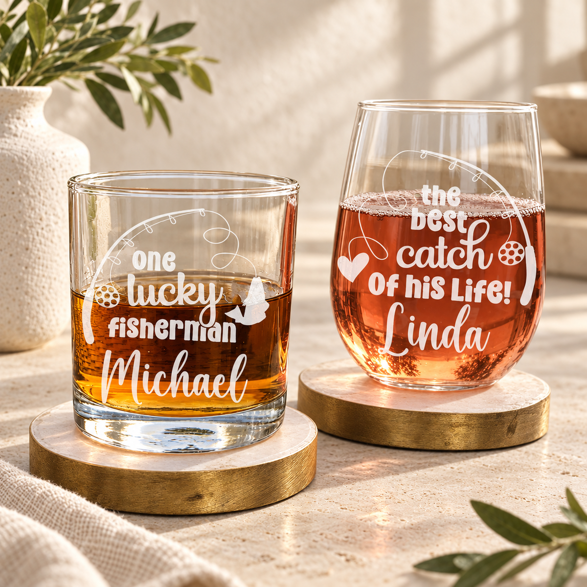 Personalized Whiskey and Wine Glass Set - "Lucky Fisherman and His Best Catch" — engraved detail, styled in natural daylight