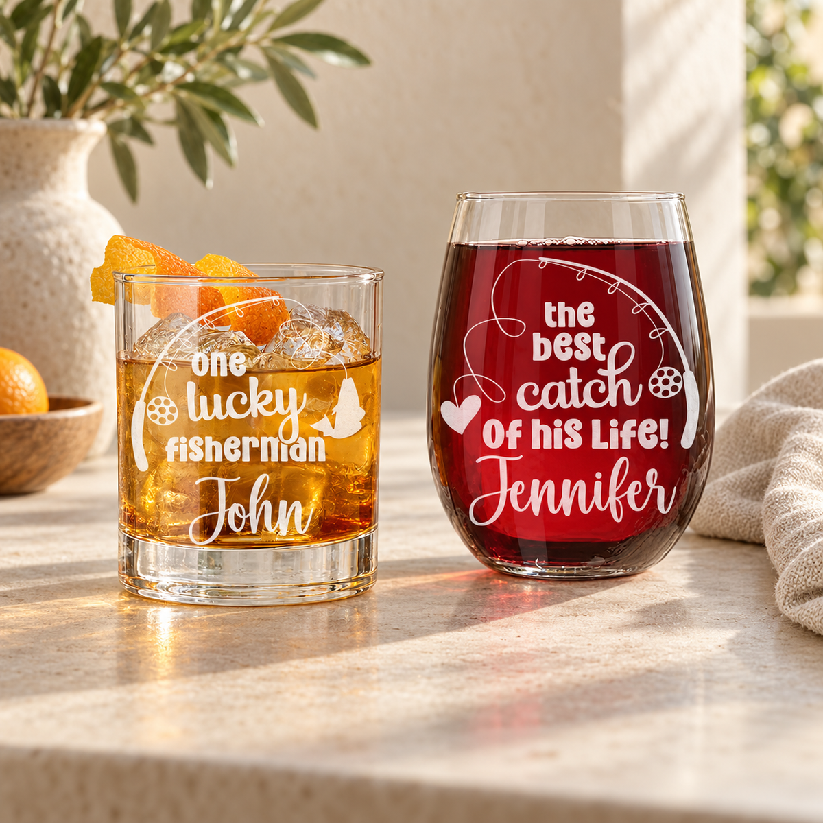 Personalized Whiskey and Wine Glass Set - "Lucky Fisherman and His Best Catch" — engraved detail, styled in natural daylight