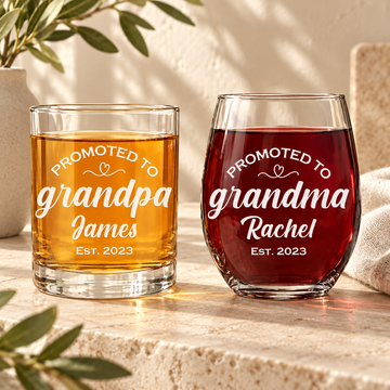 Personalized Whiskey and Wine Glass Set - "Promoted to Grandparents" — engraved detail, styled in natural daylight