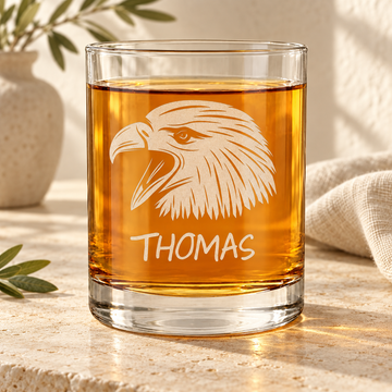 Personalized Whiskey Glass - "Eagle Head" — personalized detail, styled in natural daylight