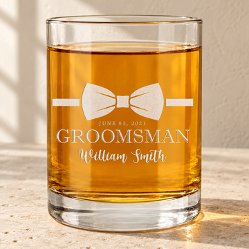 Personalized Whiskey Glass - "Groomsman Bowtie" — engraved detail, styled in natural daylight