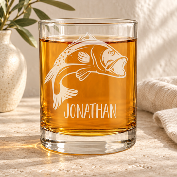 Personalized Whiskey Glass - "Large Mouth Bass" — engraved detail, styled in natural daylight