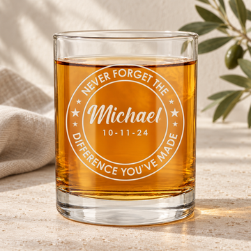 Personalized Whiskey Glass - "Never Forget The Difference You've Made" — personalized detail, styled in natural daylight