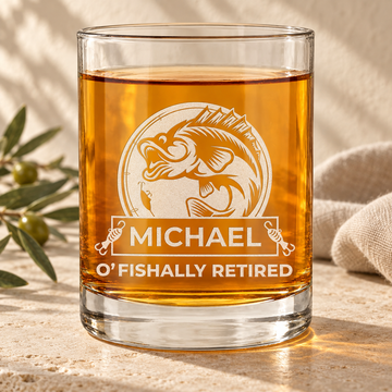 Personalized Whiskey Glass - "O'fishally Retired" — personalized detail, styled in natural daylight