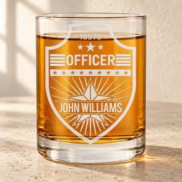 Personalized Whiskey Glass - "Police Badge" — engraved detail, styled in natural daylight