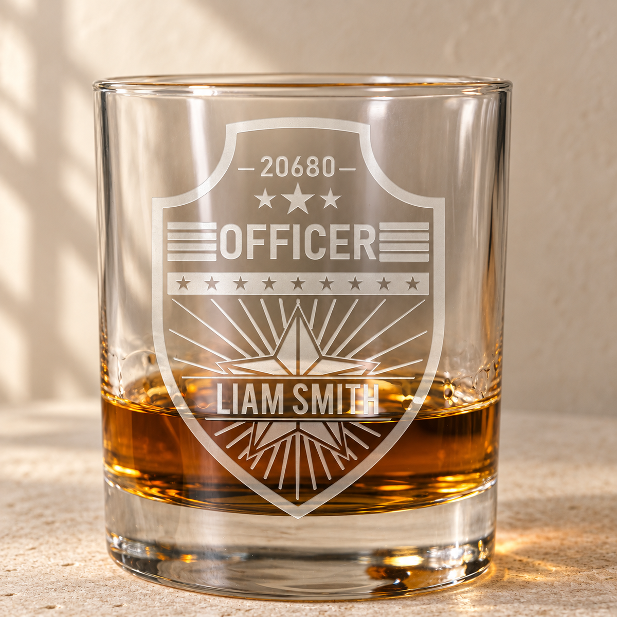 Personalized Whiskey Glass - "Police Badge" — engraved detail, styled in natural daylight