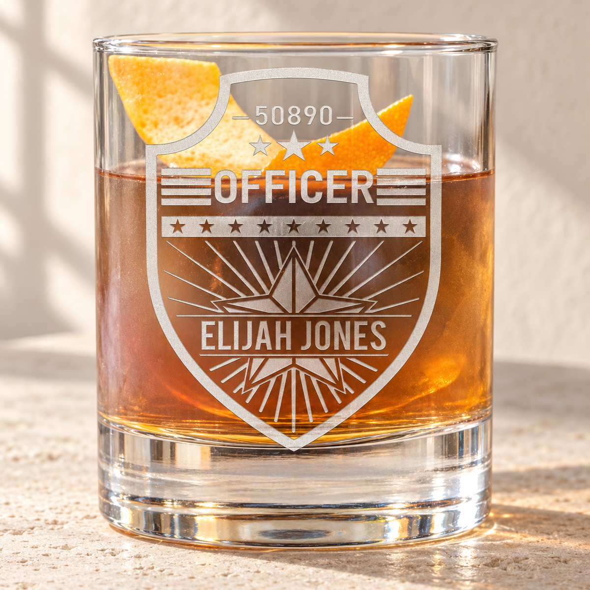 Personalized Whiskey Glass - "Police Badge" — engraved detail, styled in natural daylight