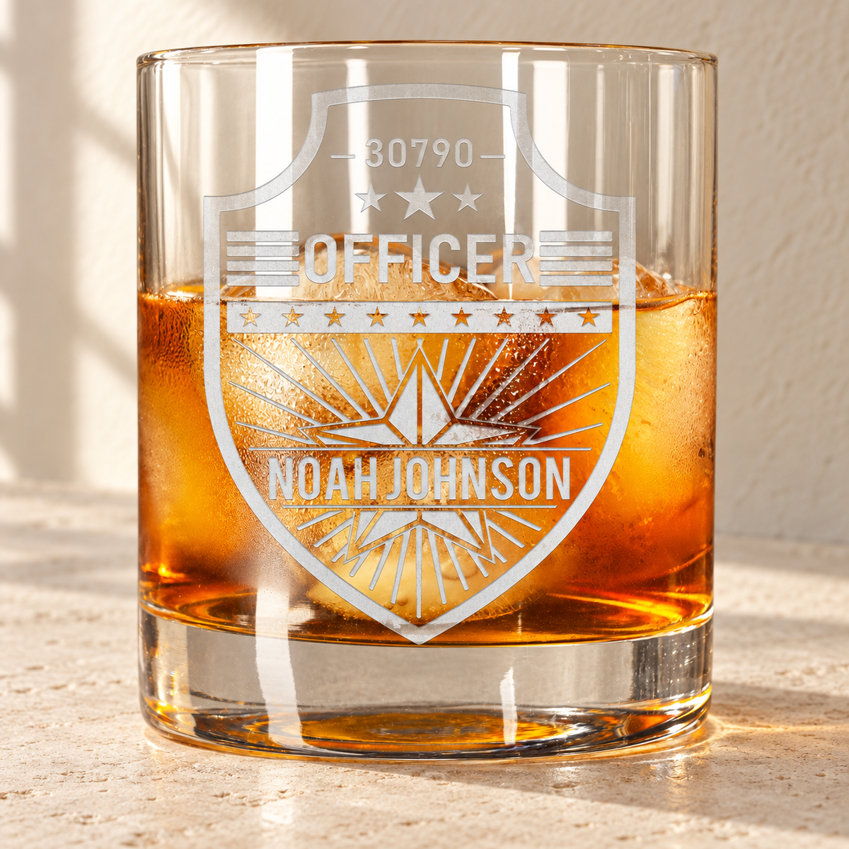 Personalized Whiskey Glass - "Police Badge" — engraved detail, styled in natural daylight