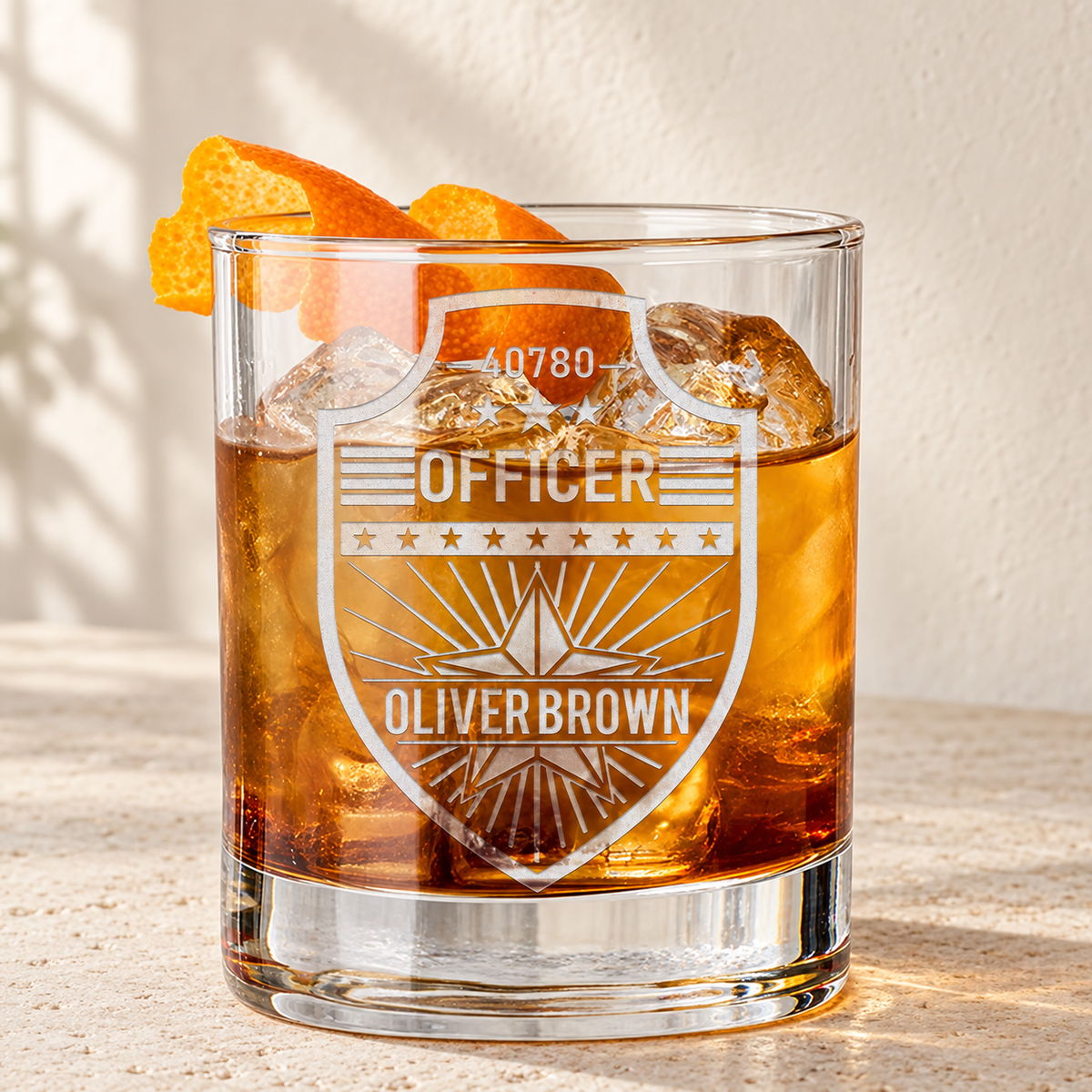 Personalized Whiskey Glass - "Police Badge" — engraved detail, styled in natural daylight