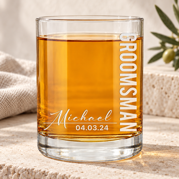 Personalized Whiskey Glass - "Signature Groomsman" — personalized detail, styled in natural daylight