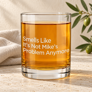Personalized Whiskey Glass - "Smells Like It's Not My Problem" — personalized detail, styled in natural daylight