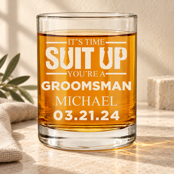 Personalized Whiskey Glass - "Suit Up Groomsman" — personalized detail, styled in natural daylight