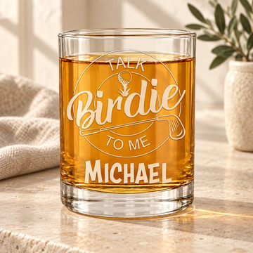 Personalized Whiskey Glass - "Talk Birdie To Me" — engraved detail, styled in natural daylight