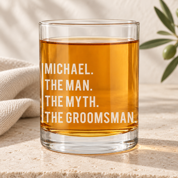 Personalized Whiskey Glass - "The Man, The Myth, The Groomsman" — personalized detail, styled in natural daylight