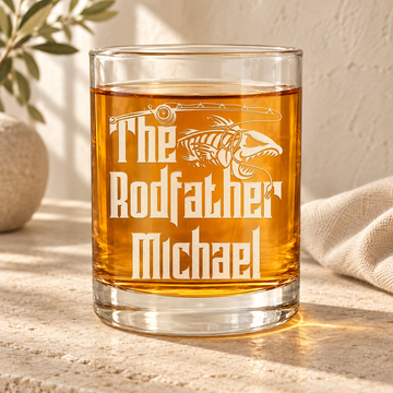 Personalized Whiskey Glass - "The Rodfather" — engraved detail, styled in natural daylight