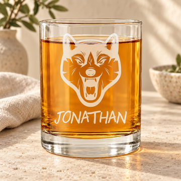 Personalized Whiskey Glass - "Wolf Head" — personalized detail, styled in natural daylight