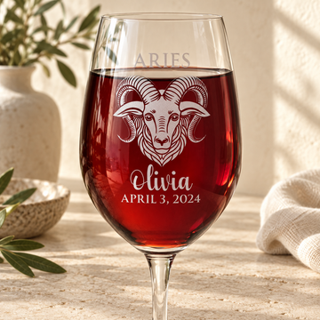 Personalized Wine Glass - Astrology - "ARIES" — engraved detail, styled in natural daylight