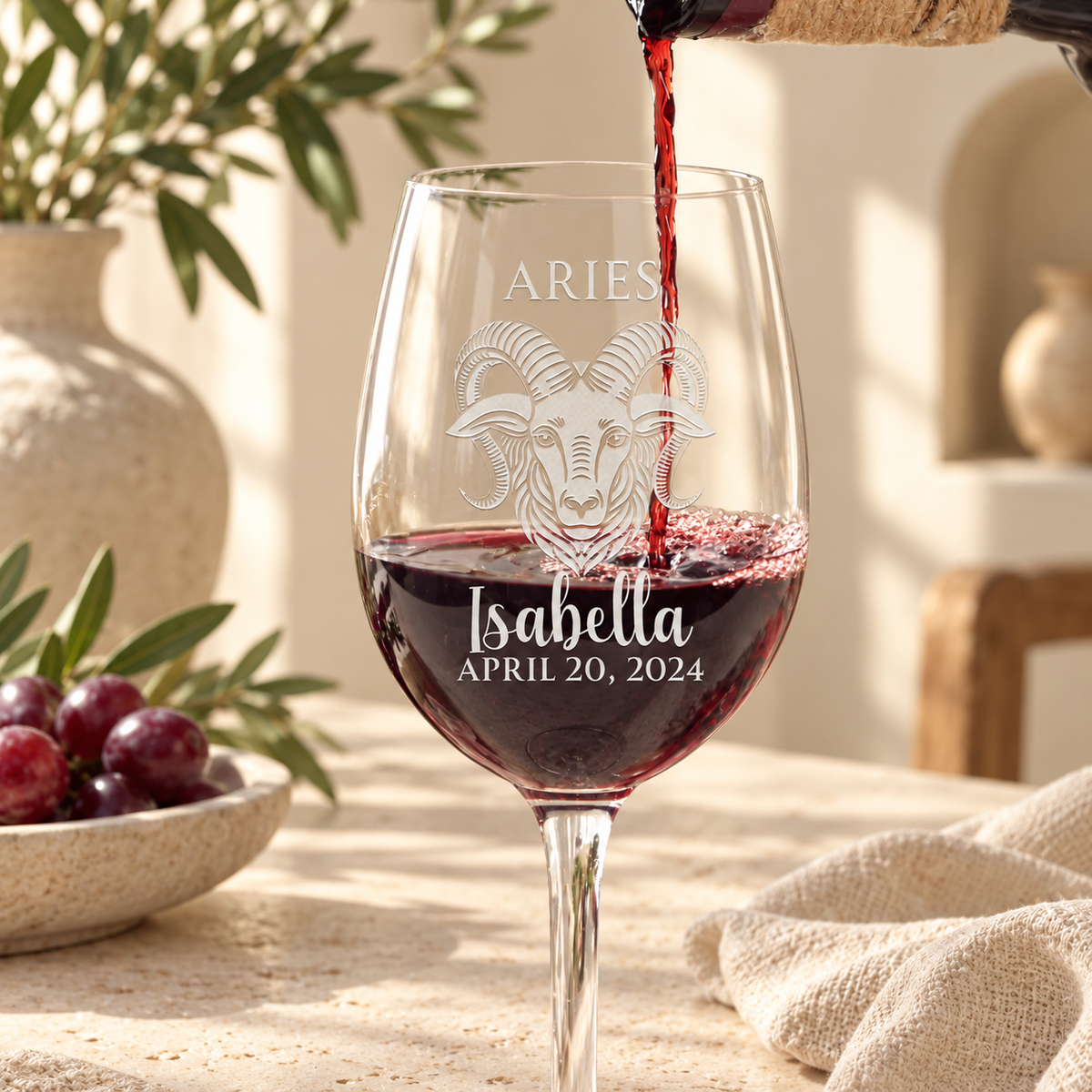 Personalized Wine Glass - Astrology - "ARIES" — engraved detail, styled in natural daylight