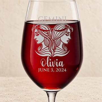 Personalized Wine Glass - Astrology - "GEMINI" — editorial product photograph