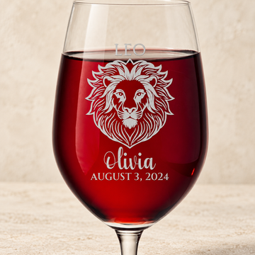 Personalized Wine Glass - Astrology - "LEO" — editorial product photograph