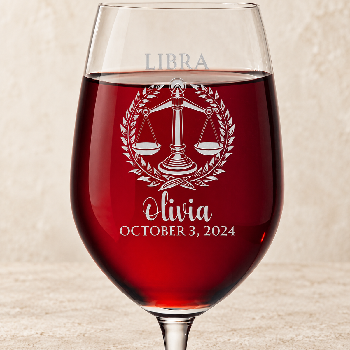 Personalized Wine Glass - Astrology - "LIBRA" — editorial product photograph