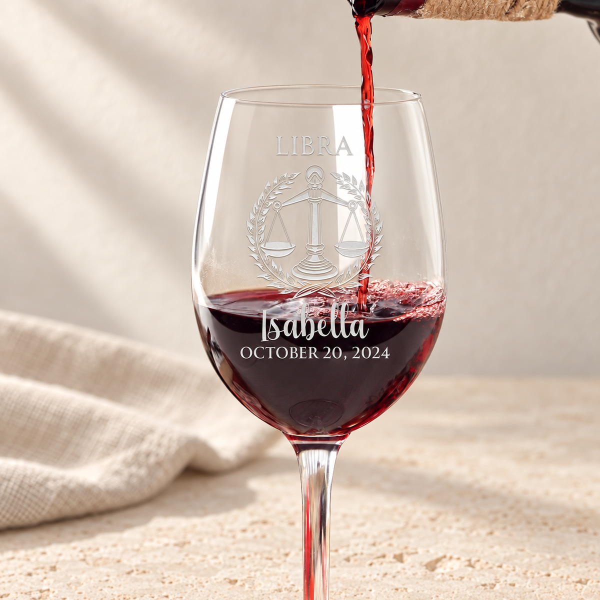 Personalized Wine Glass - Astrology - "LIBRA" — editorial product photograph