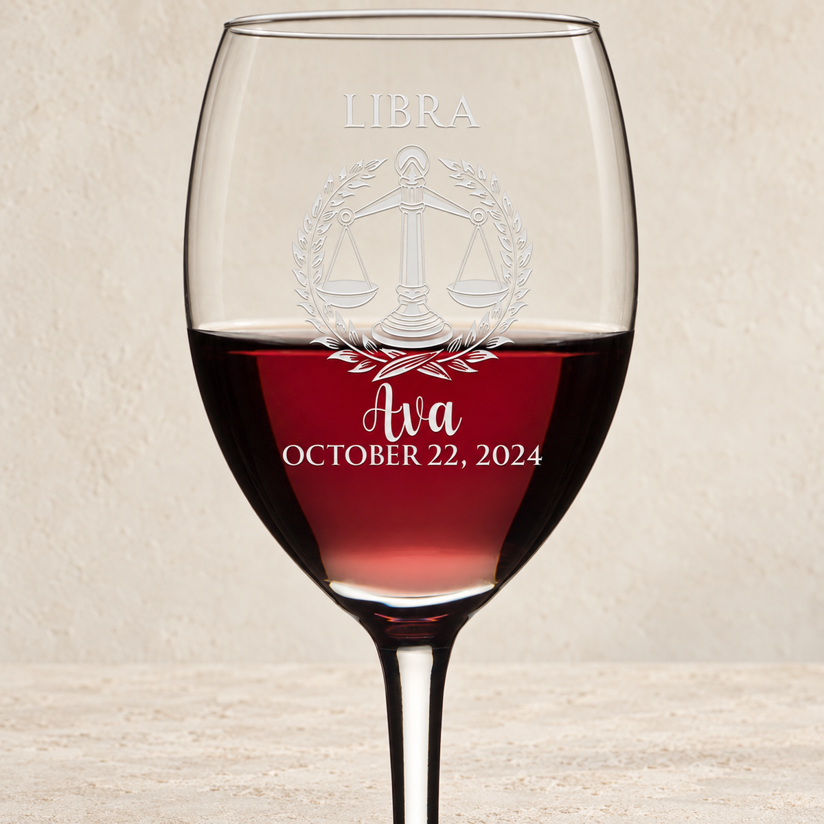 Personalized Wine Glass - Astrology - "LIBRA" — editorial product photograph