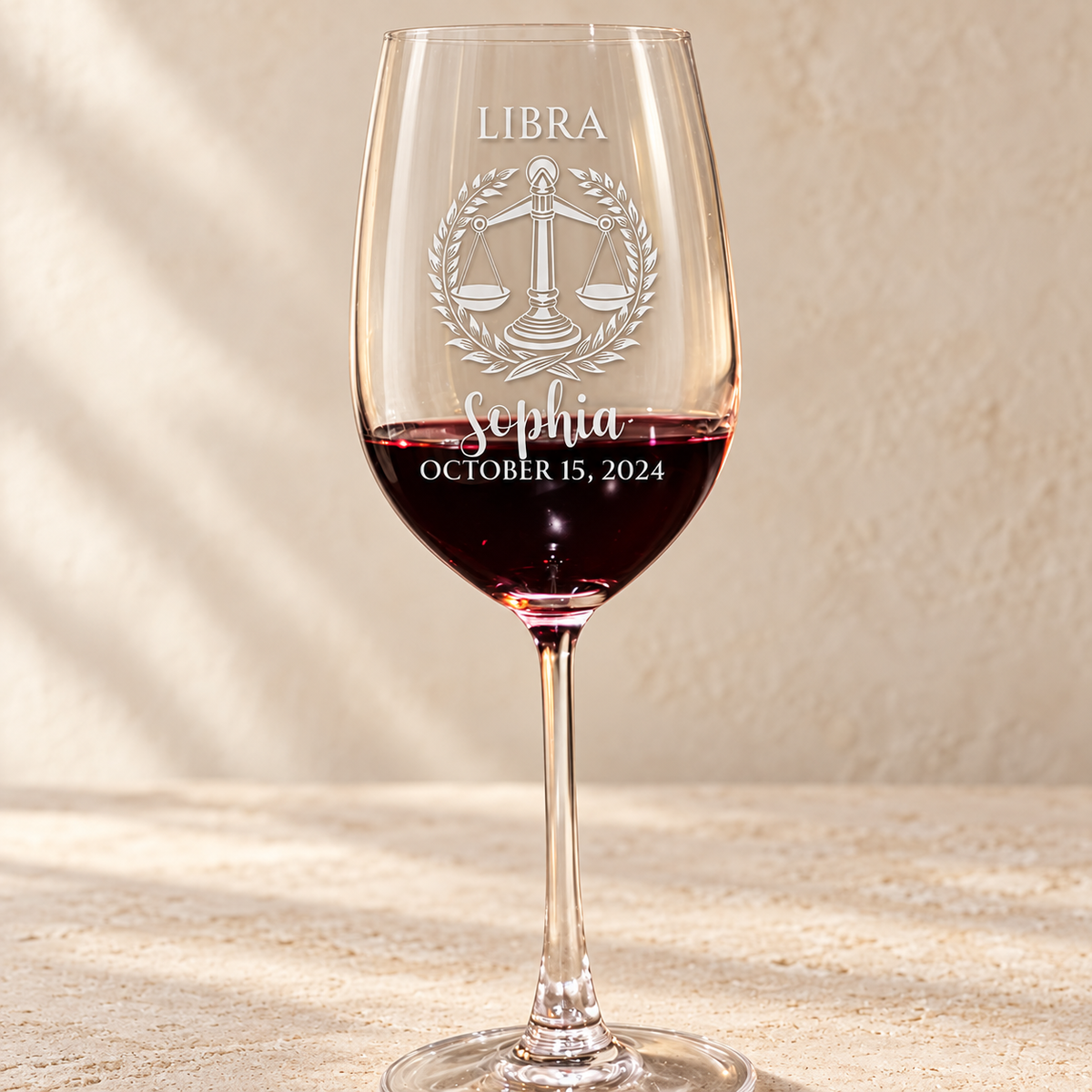 Personalized Wine Glass - Astrology - "LIBRA" — editorial product photograph