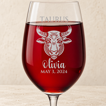 Personalized Wine Glass - Astrology - "TAURUS" — editorial product photograph