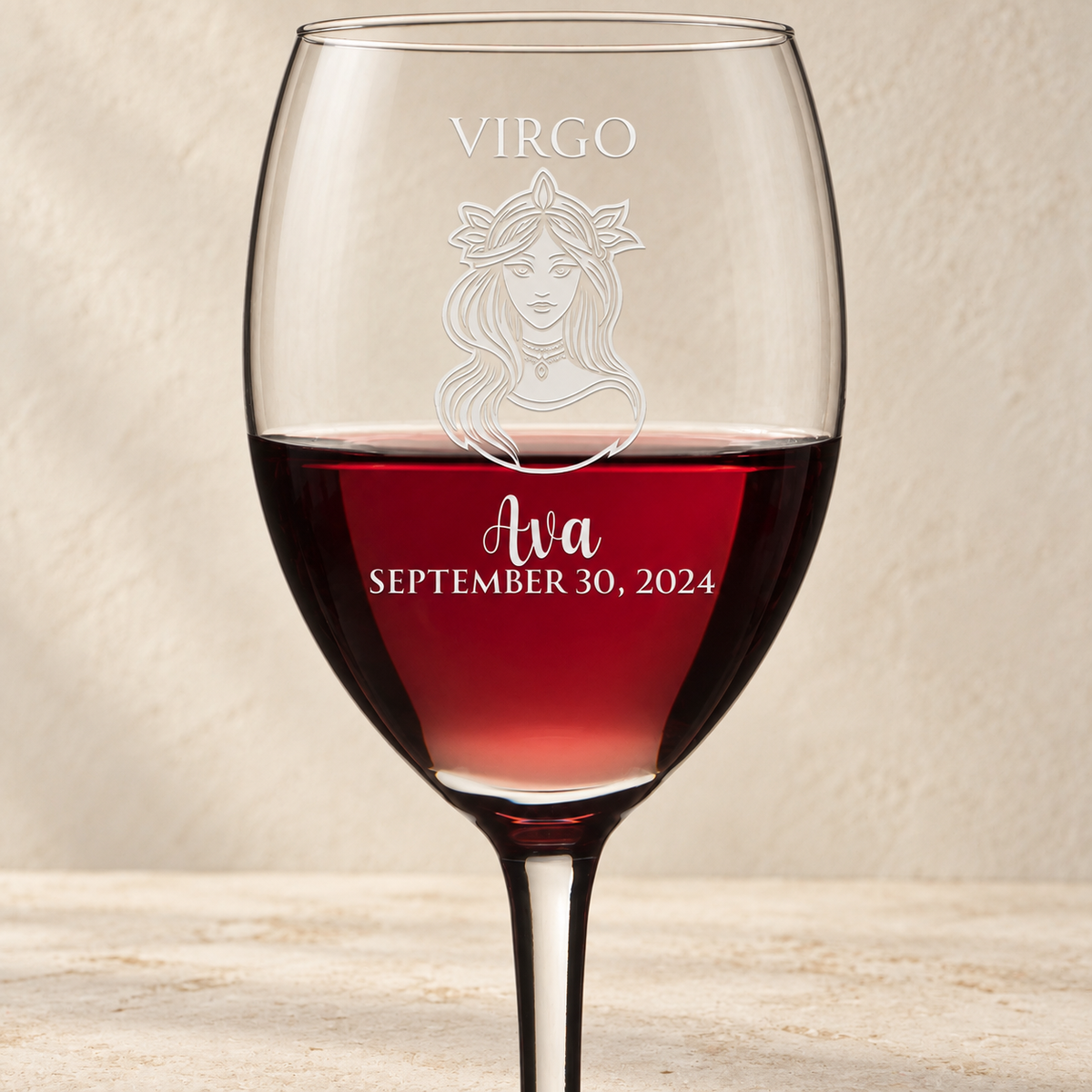 Personalized Wine Glass - Astrology - "VIRGO" — editorial product photograph