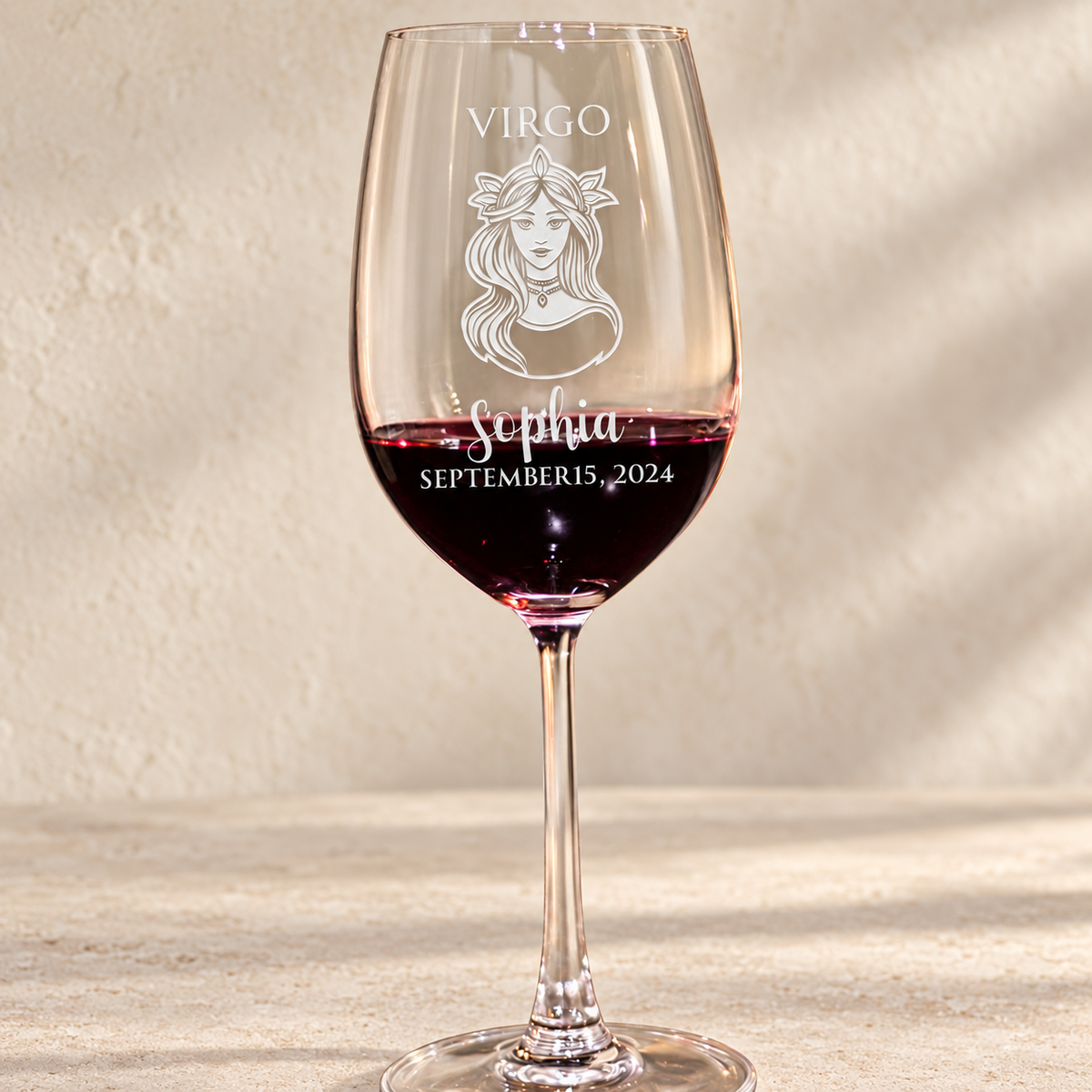 Personalized Wine Glass - Astrology - "VIRGO" — editorial product photograph