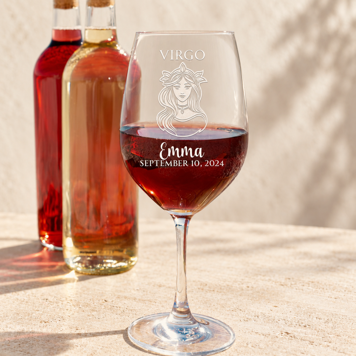 Personalized Wine Glass - Astrology - "VIRGO" — editorial product photograph