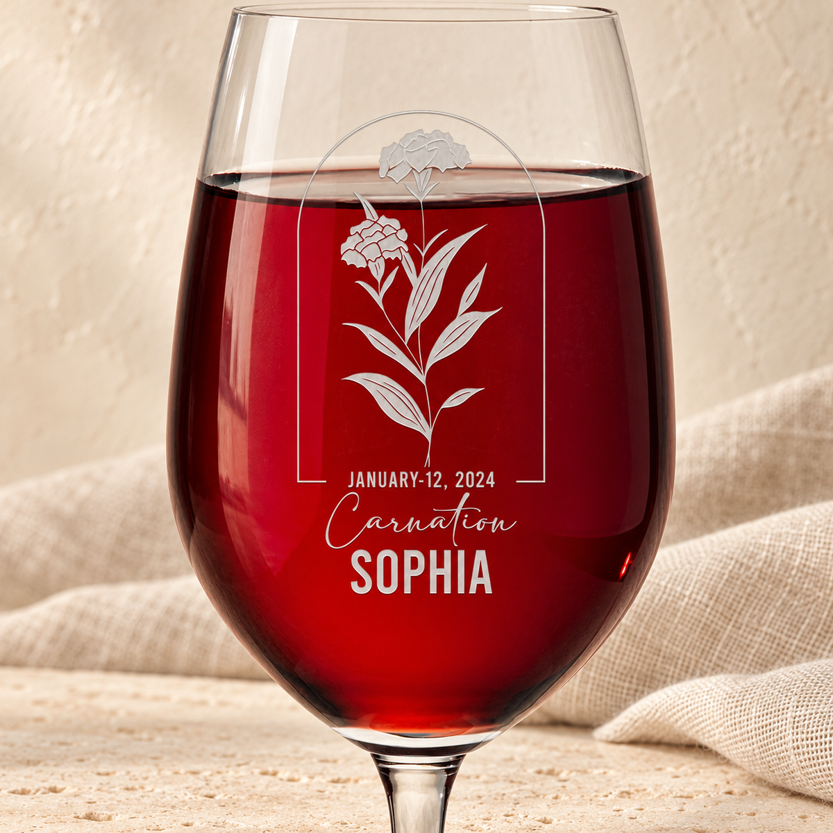 Personalized Wine Glass - Birth Flowers - "Carnation January" — natural daylight editorial photograph