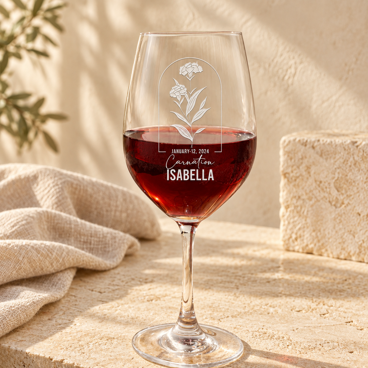 Personalized Wine Glass - Birth Flowers - "Carnation January" — natural daylight editorial photograph