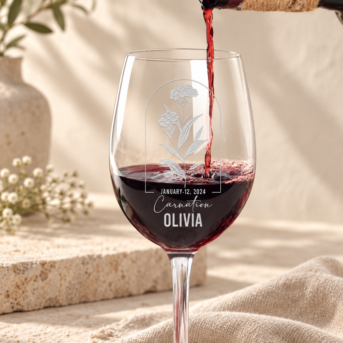 Personalized Wine Glass - Birth Flowers - "Carnation January" — natural daylight editorial photograph