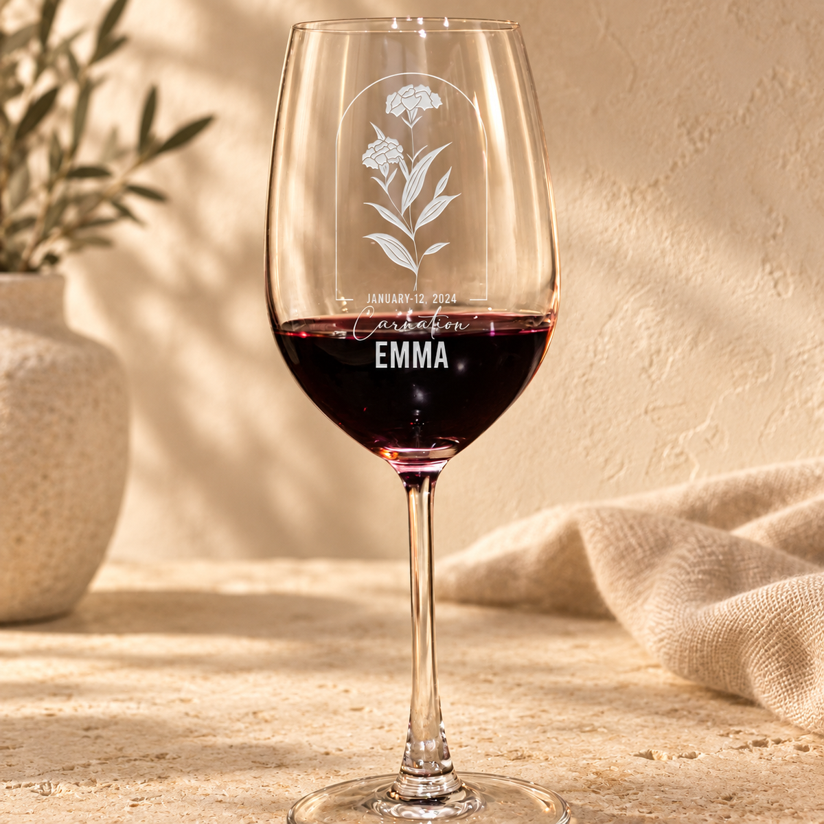 Personalized Wine Glass - Birth Flowers - "Carnation January" — natural daylight editorial photograph