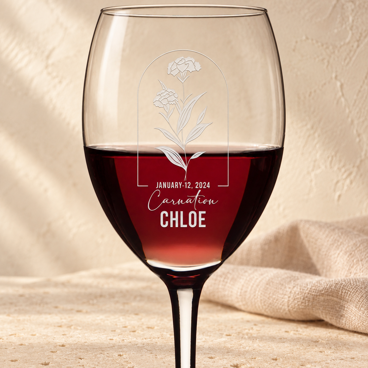 Personalized Wine Glass - Birth Flowers - "Carnation January" — natural daylight editorial photograph