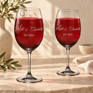 Personalized Wine Glass - "Couple's Names" — engraved detail, styled in natural daylight