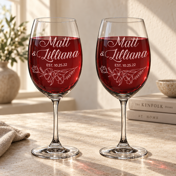 Personalized Wine Glass - "Floral Relationship Set" — engraved detail, styled in natural daylight