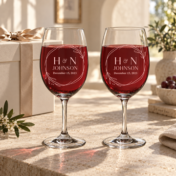 Personalized Wine Glass - "Initial anniversary" — engraved detail, styled in natural daylight