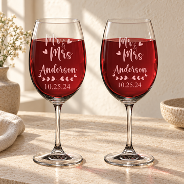 Personalized Wine Glass - "Mr & Mrs" — engraved detail, styled in natural daylight