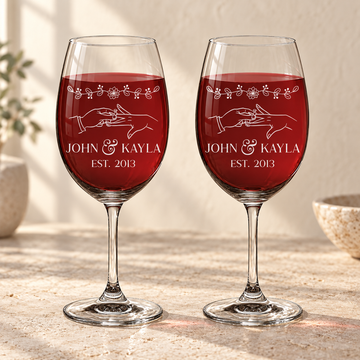 Personalized Wine Glass - "Tying the knot" — engraved detail, styled in natural daylight