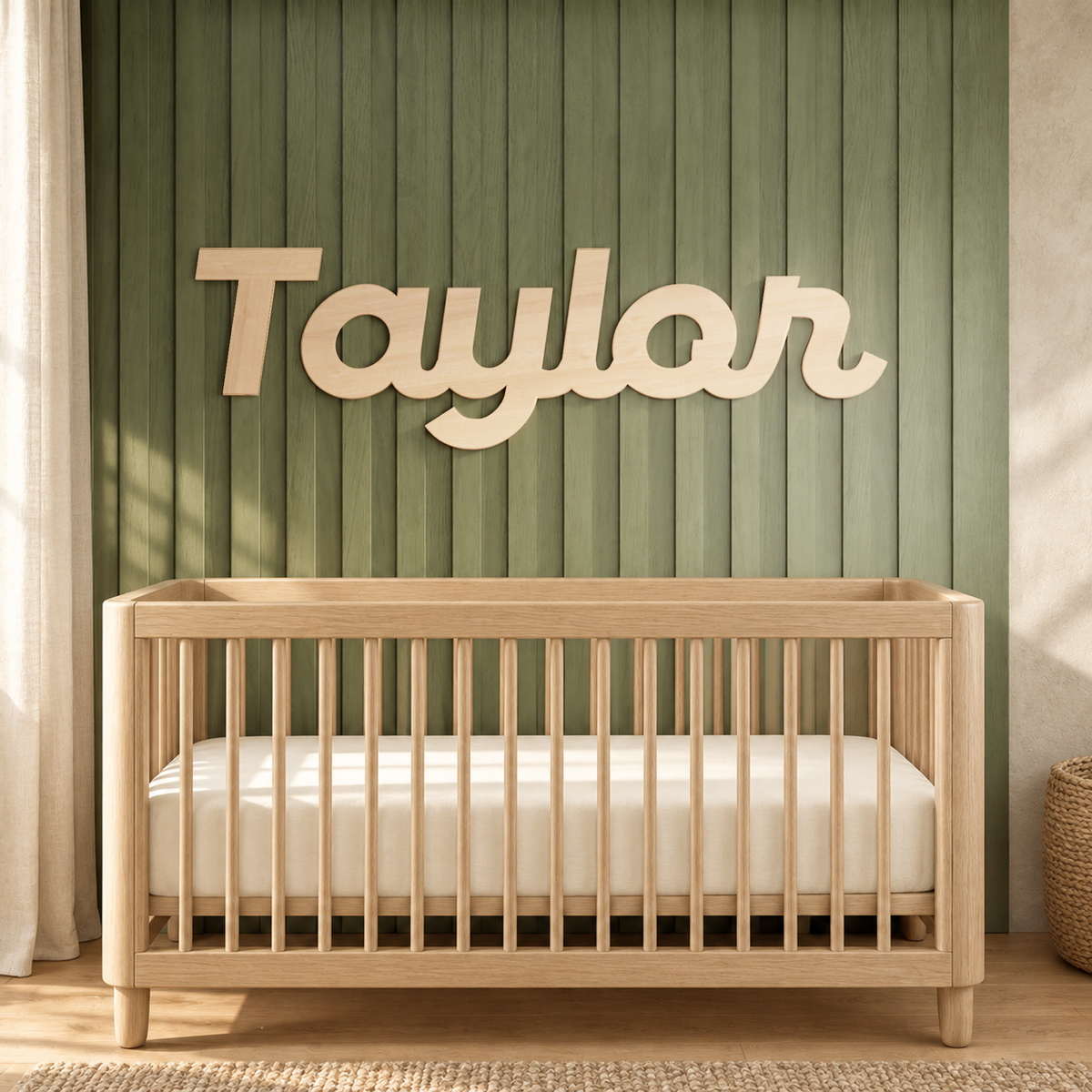 Personalized Wooden Nursery Name Sign styled in a warm, naturally lit interior