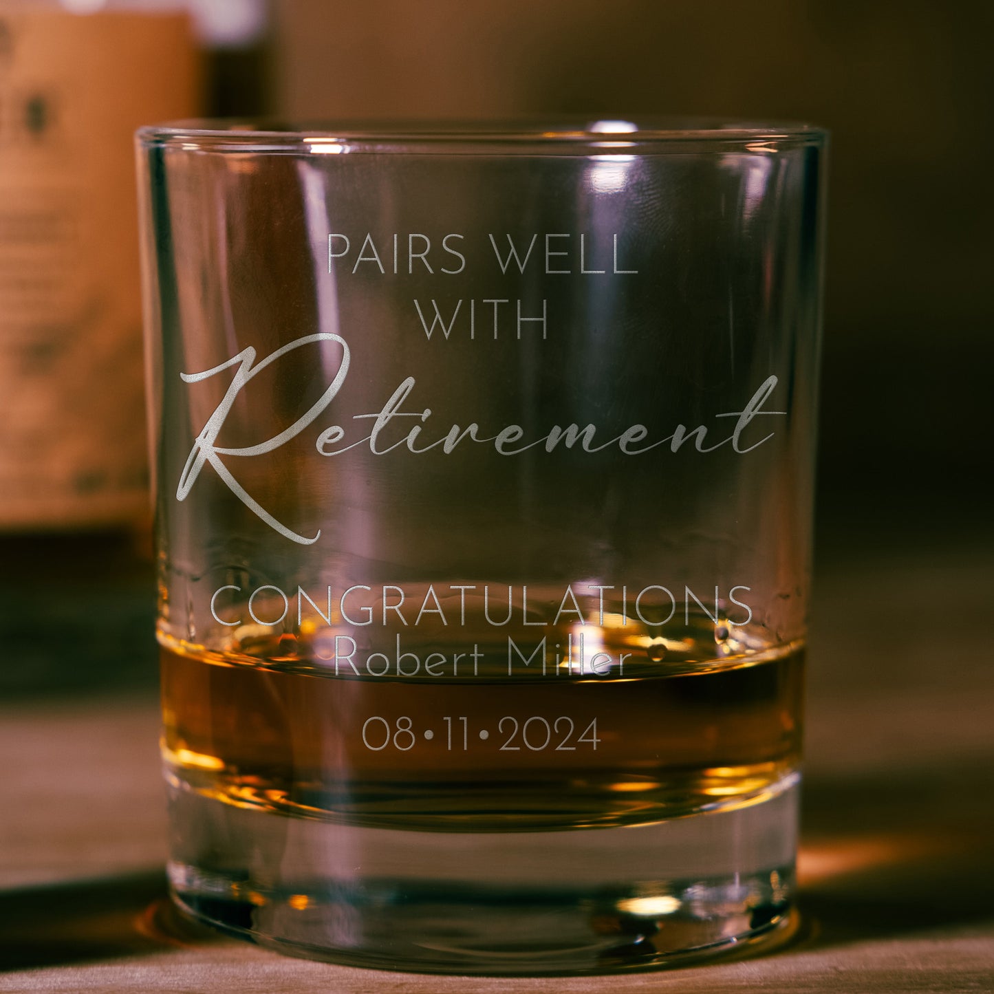 Personalized Whiskey Glass - "Pairs Well With Retirement"