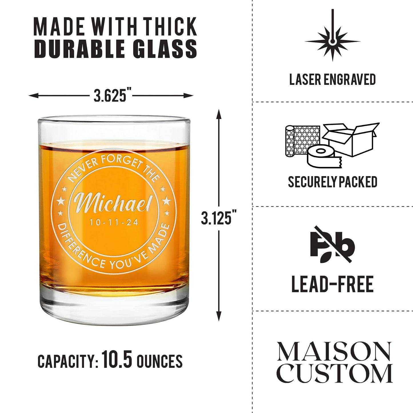 Personalized Whiskey Glass - "Never Forget The Difference You've Made"